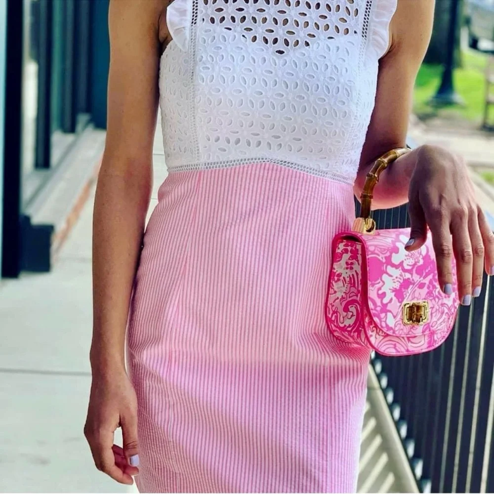 Lilly Pulitzer Maya Shift Dress Pink Tropics Seersucker Eyelet Ruffled Lace Sz 0 - Picture 5 of 10